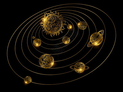 金色太阳系光照用手画的行星在黑色背景上隔离金色太阳系天文学和银河系以太阳为插图的宇宙金色太阳系光照用手画的行星在黑色背景上隔离背景图片