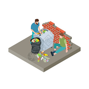 无家可归捡垃圾的流浪汉卡通矢量插画图片