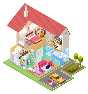 一厨两卫住房建筑与厨卧室浴内部隔开分3D矢量房屋在里面浴室和厨房内部与家庭建筑插图一模样插画