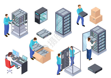 excel自动计算员工信息技术服务器工程师电信云服务器计算机和雇员矢量3D套说明房间服务器中心硬件云数据库服务器室等量信息技术服务器工程师计算机和雇员插画