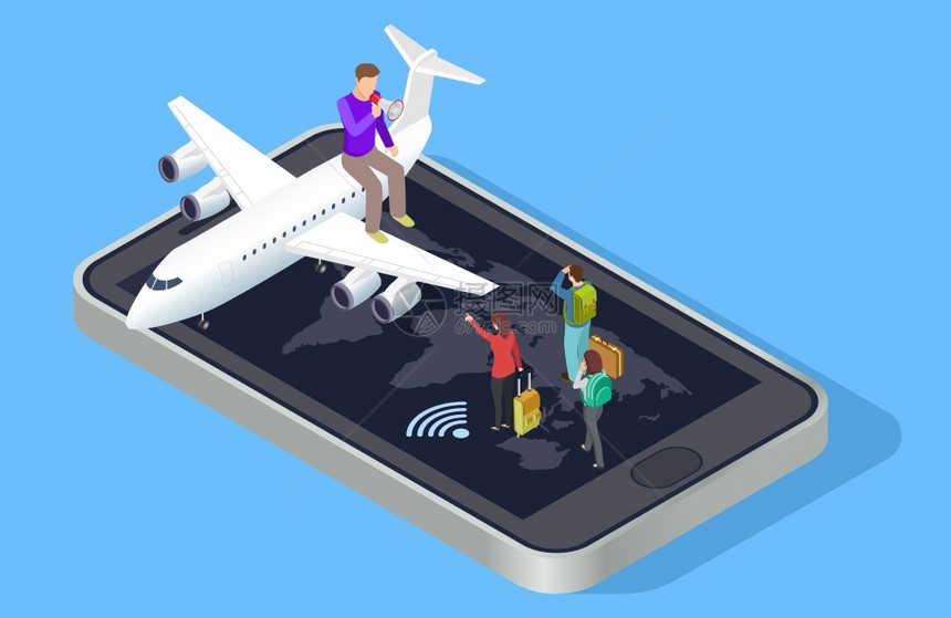旅行经理邀请矢量概念计在线旅行预订概念使用智能手机在线预订飞说明计量在线旅行预订概念图片