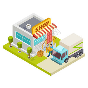 向一家小商店的病媒提供面包例如食品店3d运货面包车向一家小商店的病媒提供面包例如背景图片