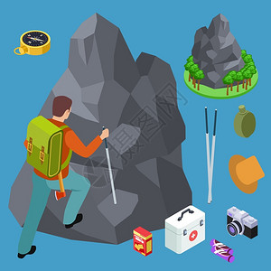 高山症岩石攀爬徒步登山等量矢设备组等攀登和徒步户外3D山岩石攀爬徒步登山等量度矢设备组插画