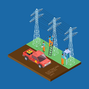 塔架电动城市服务3d等量矢构成人修补城市电力缆工和设备插图插画