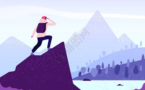 悬崖嵌套者人类在山上冒险带着背包站在岩石上的人看山地景观旅游自然迁移矢量概念冒险山登旅游远足图示人类在山地冒险旅游自然程矢量概念插画