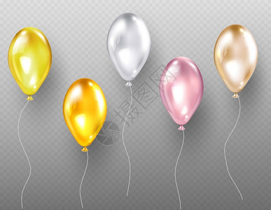 银渐色金银黄和粉色的气球飞行金黄和粉色多光彩物体节日装饰生或派对活动以透明背景现实的3D矢量集为隔离点插画
