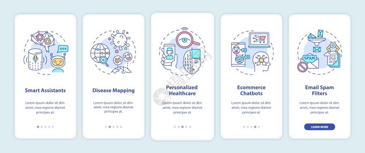 智能计算机助理技术通过5步图形指示带有RGB颜色插图的UI矢量模板AI应用在带有概念的移动应用程序屏幕上背景图片