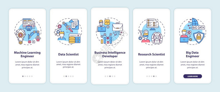 机器学习软件工程师走过5步图形指示带有RGB颜色插图的UI矢量模板图片