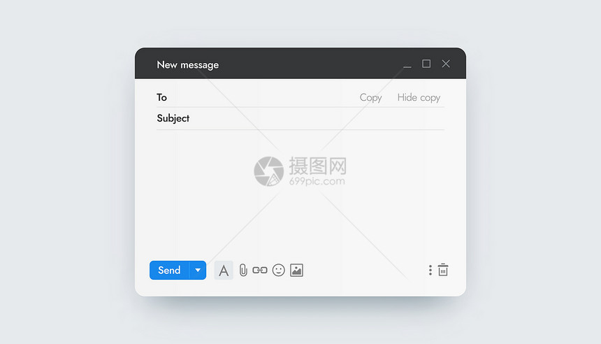 电子邮件模板在线信使界面模拟窗口通过互联网发送信件邮政应用程序带头条地址和按钮的UI屏幕文本的空表矢量数字连接在线信使界面模拟地图片