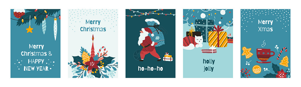 圣诞贺卡收藏圣诞节祝词和滑稽文字卡通纪念明信片与圣诞老人fir树礼品和园林传统餐饮病媒新年广场礼物贺卡和滑稽文字通庆祝圣诞老人明背景图片