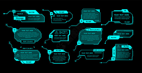 黑色场记板元素HUD文本横幅未来计算机电子游戏界面元素带有复制空间技术信息边界的将来计算机电子游戏界面元素收集黑色背景上的线人框矢量系统信息分插画