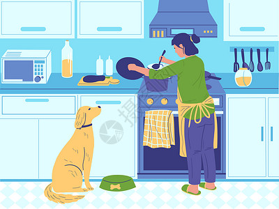 家用厨师卡通妇女为家庭做早餐或晚自制食品厨房里有狗烹饪家具和电子设备的女矢量普通生活固定插图女为家庭做早餐或晚家用食品准备矢量普背景图片