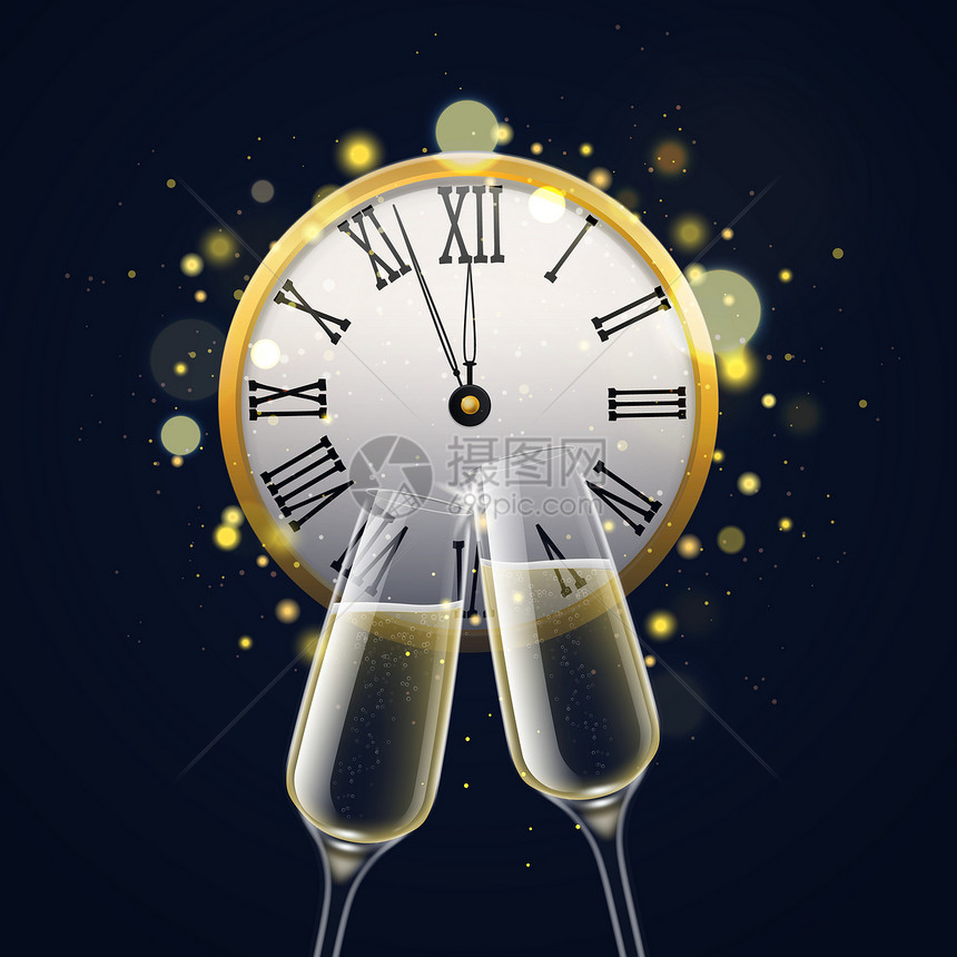 新年时钟和香槟杯矢量设计模板图片
