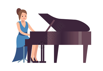 黑色连衣裙弹钢琴的女孩插画