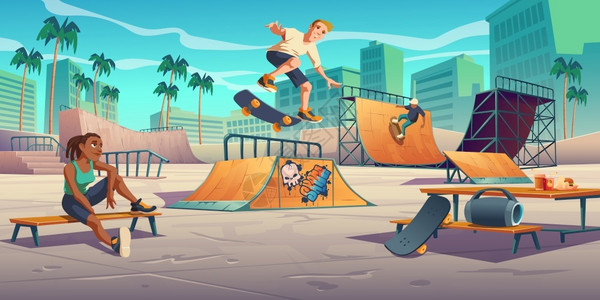 溜冰的男孩滑板公园的青少年滚场的青少年在四分之一和半的管道坡上表演滑板跳特技极端运动涂鸦青年城市文化和少年街头活动插画