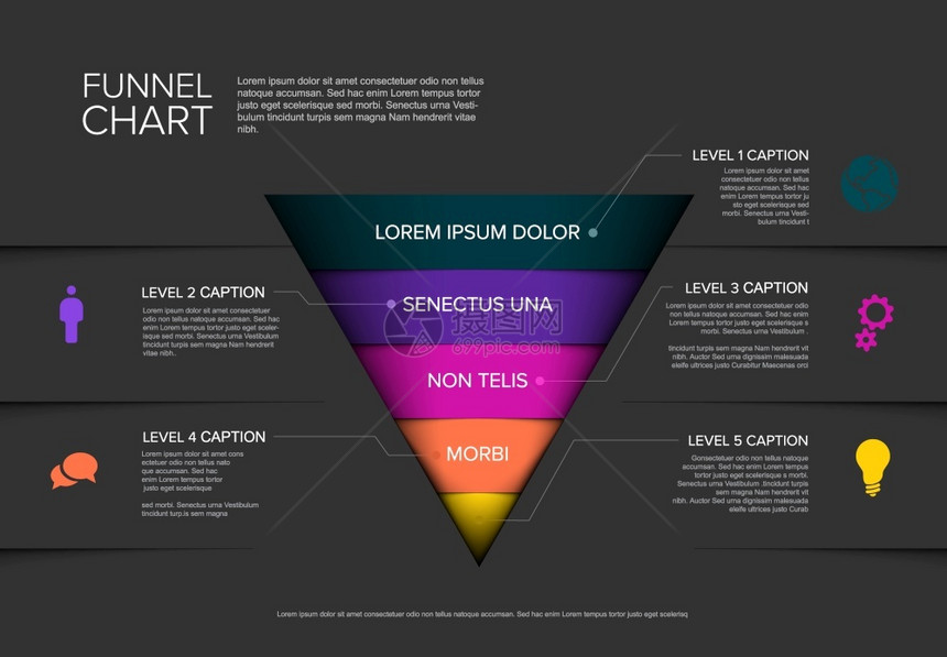 含有描述的矢量5级层漏斗模板黑暗背景上的逆向金字塔模板矢量信息流层模板图片