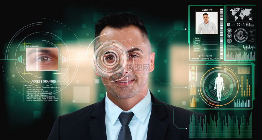 未来概念界面显示数字生物鉴别安全系统用于分析人的脸以核实个人数据图片