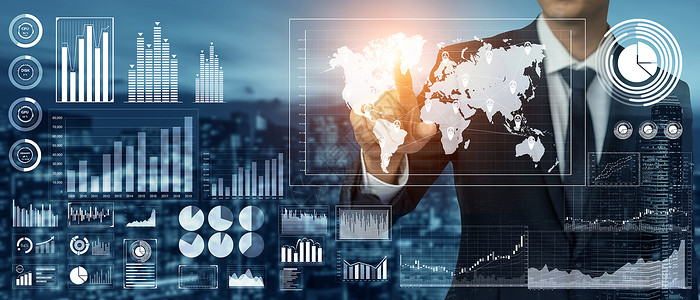 全球金融分析和海量数据研究概念未来屏幕显示商业和营销决策所需的大量统计资料背景图片