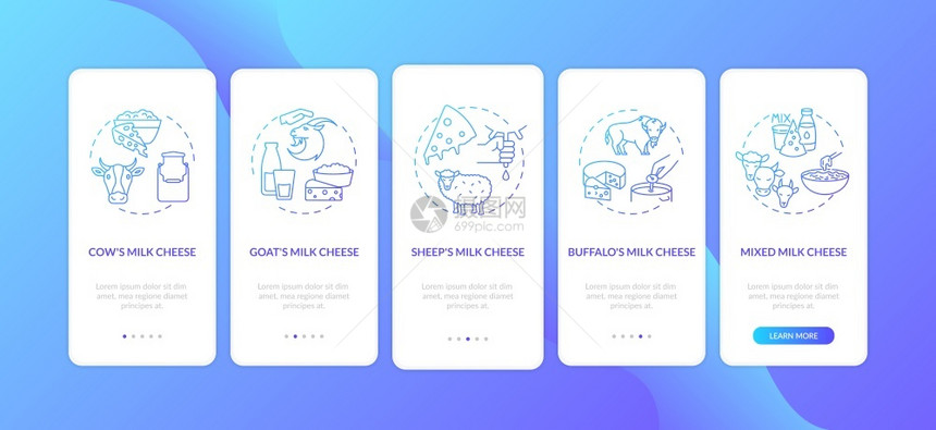 含概念的移动应用程序页面屏幕上的奶酪生产蓝色梯度牛奶产品Lactosefood漫步五图形指示配有RGB彩色插图的UI矢量模板带有图片