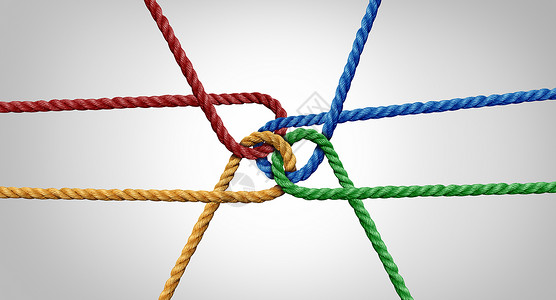 连通的团队概念和结或队精神作为合和工协的整体象征而加入各种绳索的合作伙伴关系商业比喻背景图片