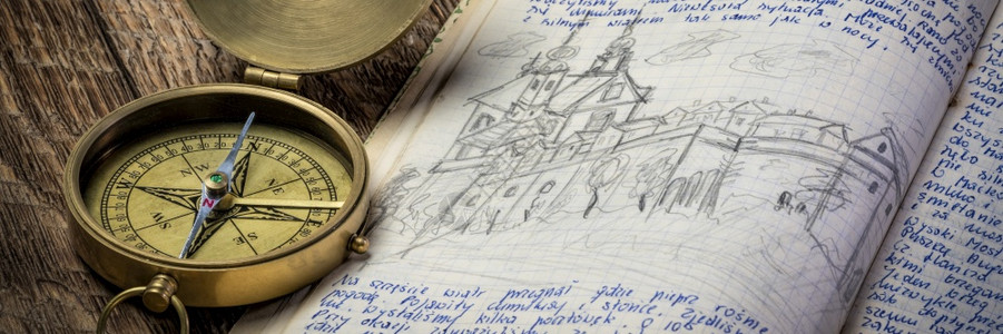 旧的铜罗盘和旅行日记附有笔迹和记本草图随附财产释放旅行概念图片
