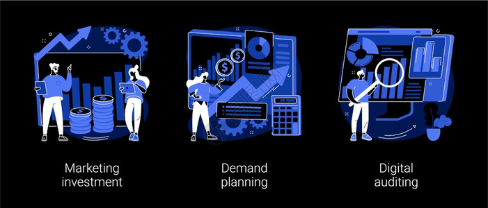 营销会计抽象概念矢量图解营销投资需求规划数字审计业务划财管理数字销售收入黑暗模式隐喻营销会计抽象概念矢量图解背景