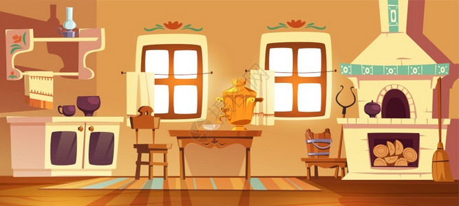 瓦尔德斯旧俄罗斯农村厨房烤炉萨莫瓦桌椅子和扶架传统乌拉尼古老房子的矢量漫画里面有炉子木制家具扫帚和油灯旧俄罗斯农村厨房烤炉和马莫瓦插画