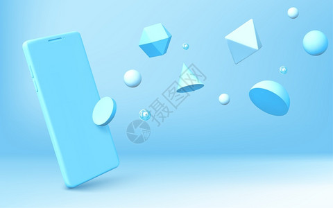 具有现实智能手机模拟和几何3d形状分布在蓝色背景的抽象半球八面体锥圆柱和象沙德龙带有矢量移动电话转换带有现实智能手机模型的抽象设背景图片