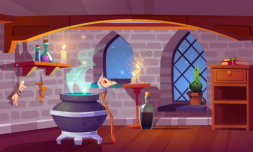 兽穴里面装有的魔室里面装有的木桶里面装有鸟头烧蜡烛瓶子里的药剂骨头还有星光的拱窗前陶瓷植物插画