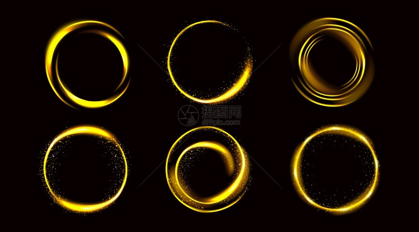 闪亮的金圆圈环闪亮的边界光或仙尘闪的环在黑色背景现实三维矢量图解中分离的幻想设计要素置图片