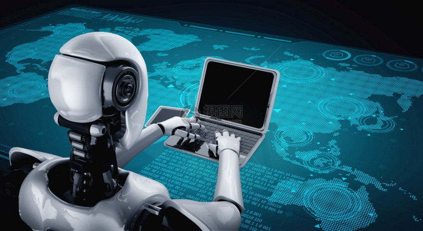 机器人使用笔记本电脑坐在全球网络连接的桌前使用人工智能思考大脑人工智能和机器学习过程进行第四次工业革命图片