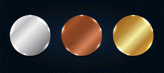 一组抽象铜银金光亮属圆环标签或徽章带有深蓝色背景的微粒元素背景图片