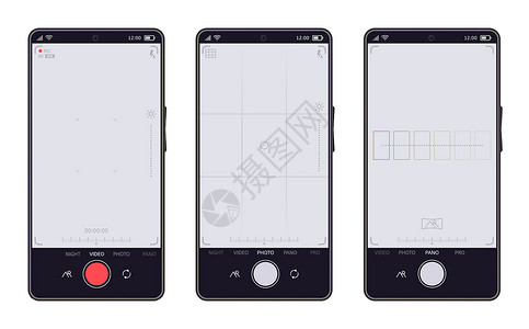 手机录音智能手机相界面移动电话视频和照片应用程序移动查看屏幕手机相显示矢量符号集成不同相机模式的手带录音的装置移动浏览屏幕手机相显示矢量插画