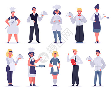 职业性格厨房工人餐厅作员角色厨师助理招待员和服务厨师病媒说明成套穿制服的男女雇员餐厅工作人烹饪和服务插画