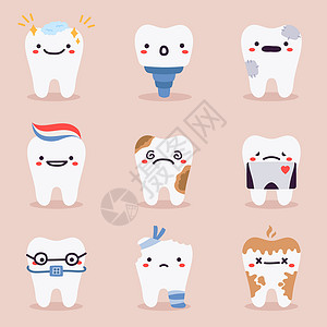 生病的牙齿牙吉祥物有科问题治疗牙齿保健和卫生病媒说明符号的牙科型眼病保健康和卫生病媒说明符号插画