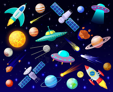 卡通开放空间行星宇宙天体火箭飞船和乌弗天文学星航器矢量图集神奇火箭和不明飞行物体银河系宇宙飞船和乌弗插画
