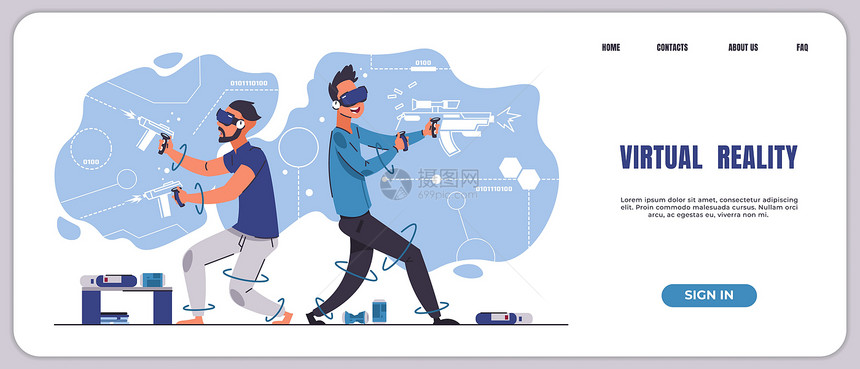 VR游戏登陆页面强化现实和虚拟3D娱乐由漫画青少年以智能眼镜玩游戏的网站带按钮界面模板矢量屏幕设计VR游戏登陆页面增强现实和3D图片