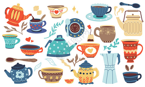盘子和杯子卡通瓷碗杯餐具图集插画