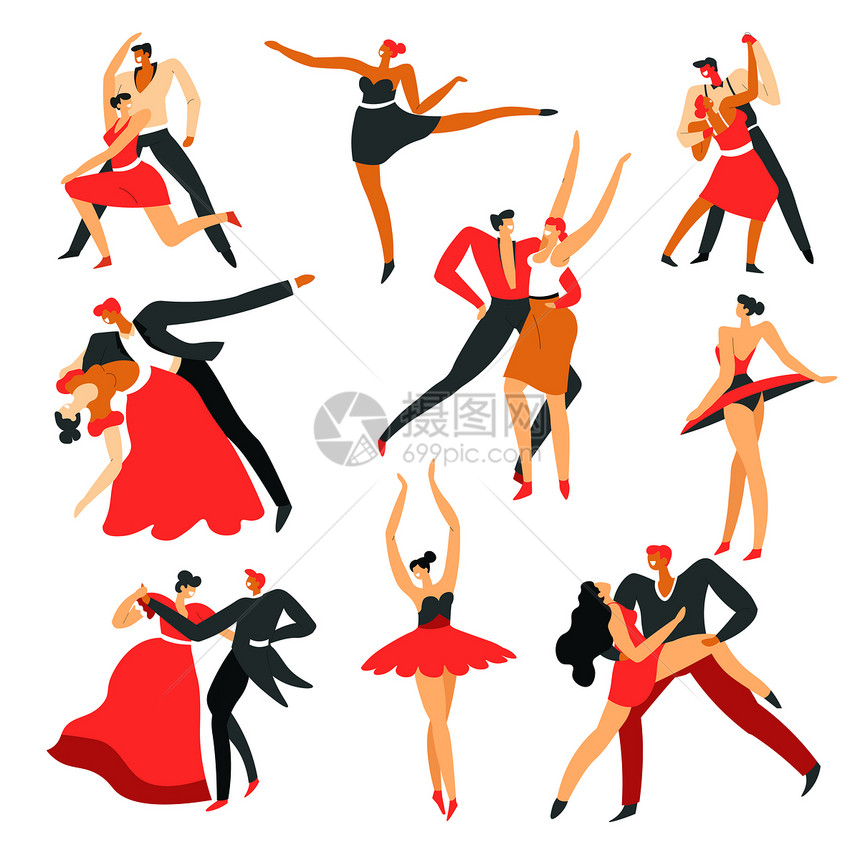男女舞者或参赛舞男女舞蹈探戈萨尔舞或芭蕾孤立的双向矢量表演舞厅或拉丁美洲蹈的男女角色表演舞厅或拉丁美洲蹈的男女者或参赛蹈厅和拉丁图片