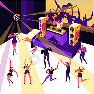 男女舞者夜俱乐部舞蹈派对音乐和舞者媒介播放DJ耳机舞蹈音乐和者媒介男女迪斯科舞厅电子音乐会技术节夜俱乐部舞蹈晚会耳机DJ和人跳舞插画