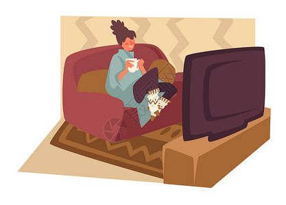 可做苦荞茶妇女看电视躺在沙发上娱乐消遣媒介女孩在沙发上看茶或可电视放松客厅室内地毯和家具编织袜子和毛衣女孩在电视上看喝茶和可插画