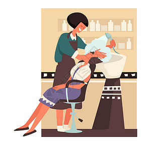 健康沙龙在美容院洗头的女子插画