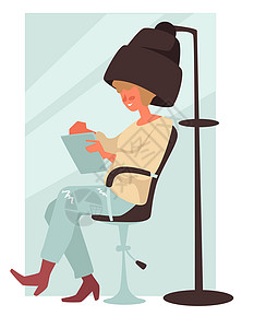 阅读沙龙美容沙龙女脱发坐着和阅读孤立的格矢量发型或固定和干润湿发型女程序轮椅上的美容工作室客户脱发坐着和阅读的妇女孤立格插画