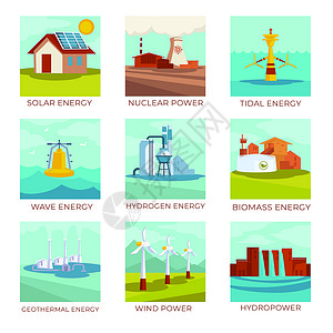 太阳能电池和核工厂潮汐波浪站氢生物量地热来源和风车水电能源厂和自然资源插画