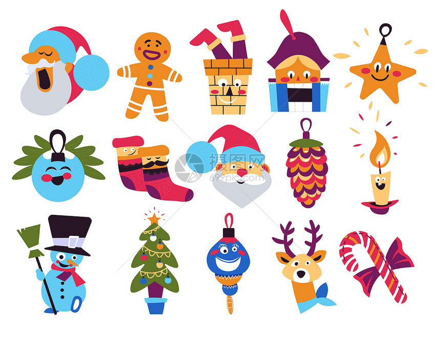 圣诞符号冬季假日圣诞老人和雪孤立的圣像矢量姜饼烟囱坚果和星球袜锥体和蜡烛圣诞节树和驯鹿圣克劳斯和雪人驯鹿圣诞节树图片