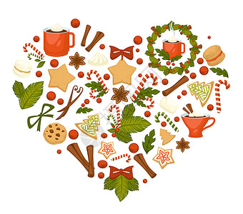 心形棉花糖可茶叶咖啡热巧克力肉桂和蜂蜜甘蔗姜饼布朗尼圣诞节树枝可和茶叶圣诞饼干和糖果冬季假日符号插画