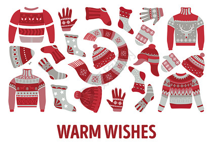 冬织服装和编圣诞节模式温暖的愿望矢量毛衣和围巾帽子手套袜子驯鹿和雪花季节手工服装针织冬和附件毛衣帽子背景图片