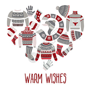 毛衣服圣诞毛衣和围巾冬季服装带有饰病媒的编织袜子帽和手套带有挪威装饰品的温暖服编织的手工服装和附件Xma礼品毛衣和围巾帽子袜针织的圣诞插画