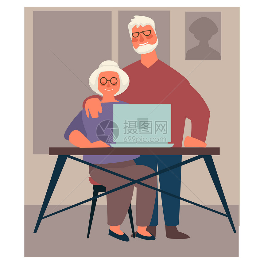 老年男女坐在桌边使用笔记本电脑祖父母和现代技术载体祖母和父在互联网上冲浪老夫妇在电脑上观看眼镜视频祖母使用笔记本电脑老年夫妇在互图片