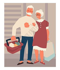 购物篮子图片老年人购物退休夫妇用购物袋和篮子在超市媒介购买食品老年男女在杂货店购买产品老年男女人物购买产品老年夫妇购物在超市买食品插画